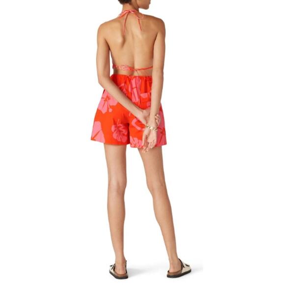 Staud 4 Georgia Romper Red Pink Cotton Blend Floral Halter Neck Tie Back - Picture 2 of 13
